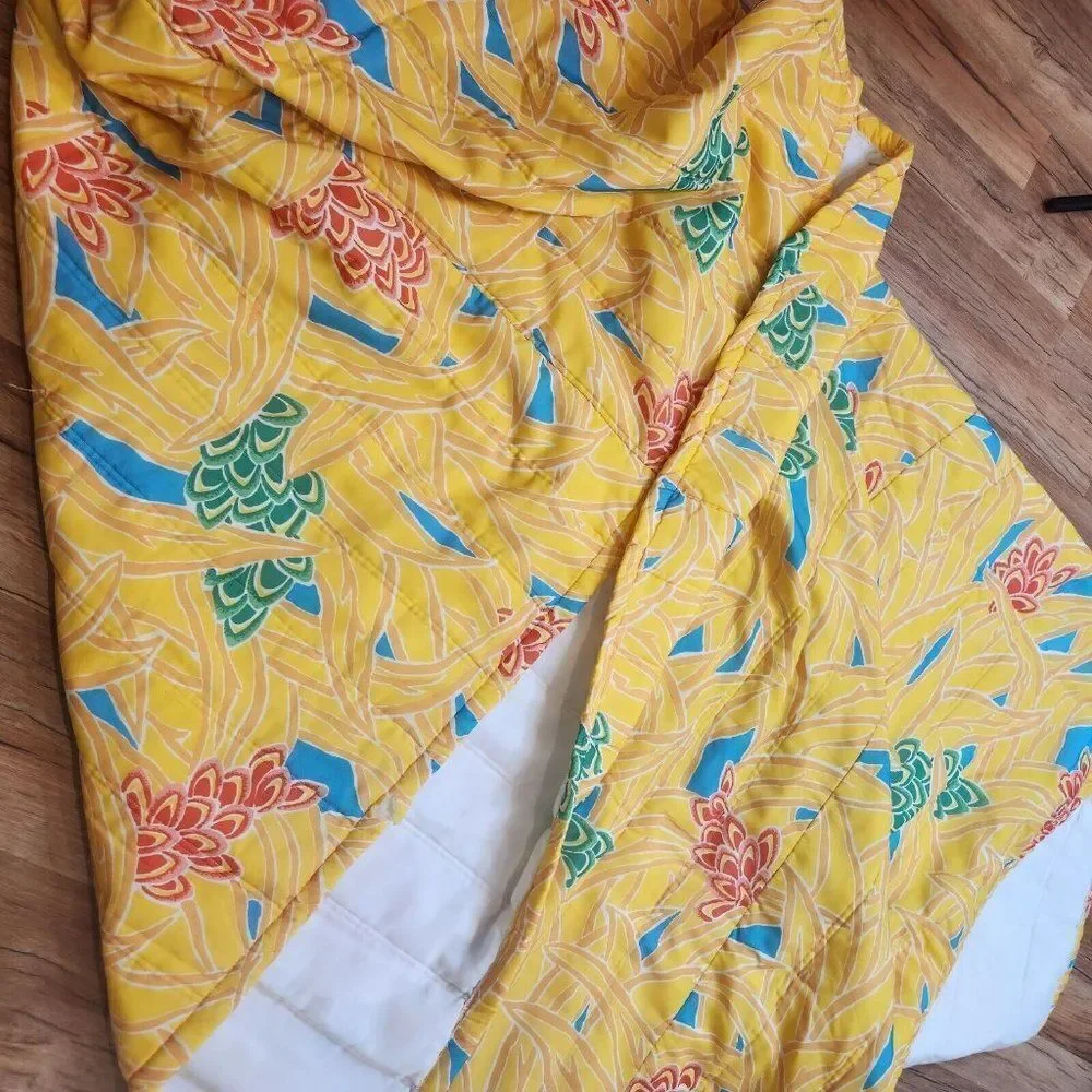 Vintage 80s Bedspread Queen Size Yellow Quilted Polyester Hawaiian Floral